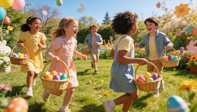 Diverse children running with easter baskets in sunlit garden during spring egg hunt
