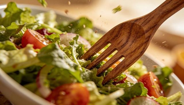 Wooden fork tossing fresh mixed green salad with cherry tomatoes and vinaigrette droplets