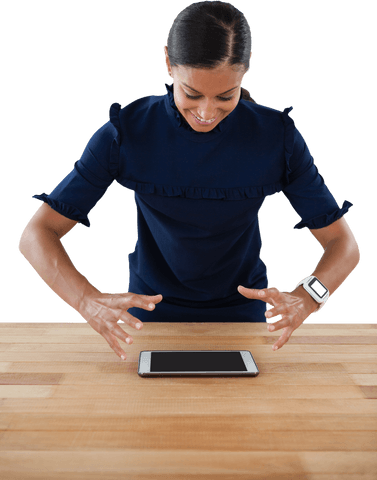 Transparent Smiling Professional Behind Digital Tablet on Wooden Surface