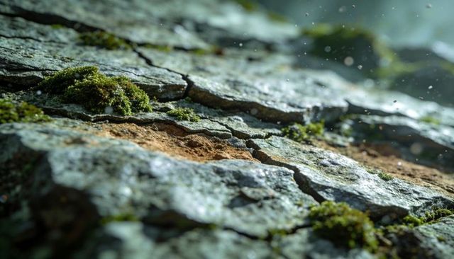 Moss-covered cracked rock surface glistening with dew and lichen macro texture
