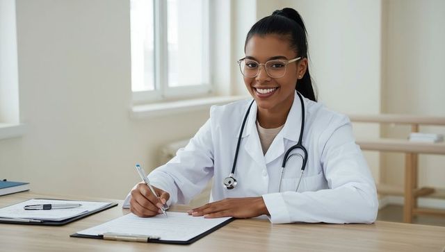 Female doctor filling medical forms in consultation room