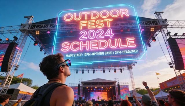 Festivalgoer scanning neon hologram stage display with vr goggles at outdoor fest 2024