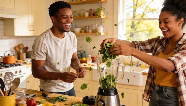 Smiling happy young couple making green smoothie in sunlit home kitchen with fresh spinach