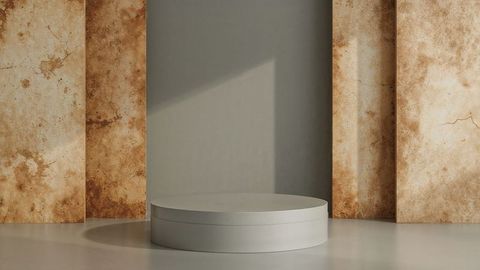 Minimalist cylindrical podium against textured beige backdrop
