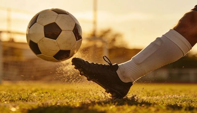 Soccer player kicking ball at golden hour, cleat impact on grass with turf spray