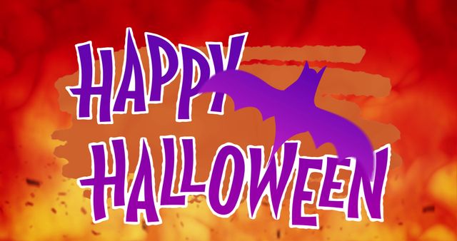 Happy Halloween Text with Purple Bat on Fiery Background - Download Free Stock Images Pikwizard.com