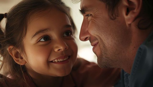 Father and daughter sharing intimate close-up moment, smiling and connecting at home