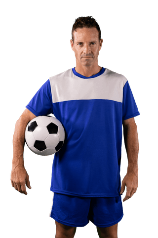 Caucasian male footballer holding ball on transparent background