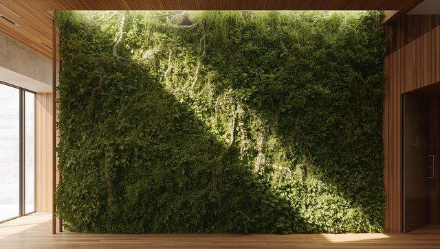 Vertical living green wall dominating modern timber interior, skylight illuminating lush vines