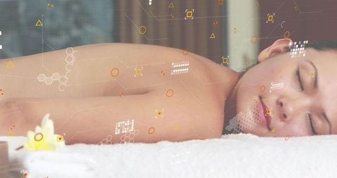 Serene woman relaxing on spa table with aromatherapy candles and hexagon wellness overlay