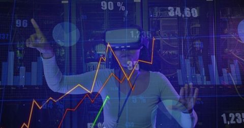 Black Woman with VR Headset Interacts with Holographic Financial Data