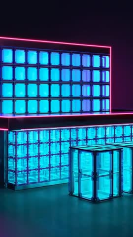 Vertical video of glowing modular cube wall with cyan illumination and neon pink accents