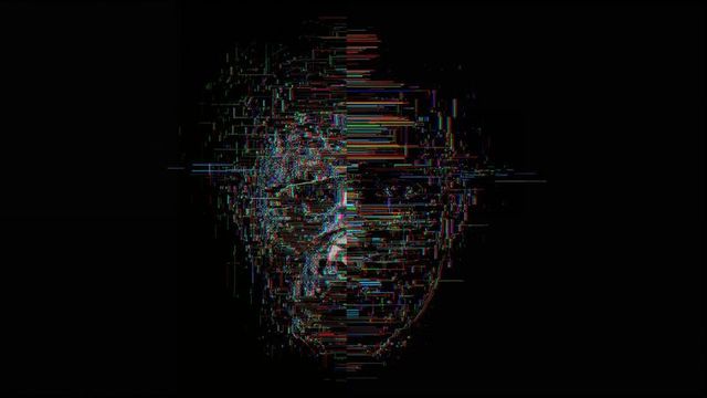 Futuristic Glitch Face Hologram in Digital Void