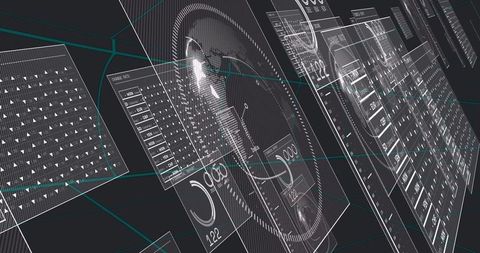 Translucent Holographic UI Dashboard Panels Floating in 3D Space with Circular Gauge
