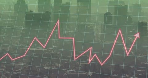 Jagged Magenta Growth Chart Rising Across Teal City Skyline With Grid Overlay