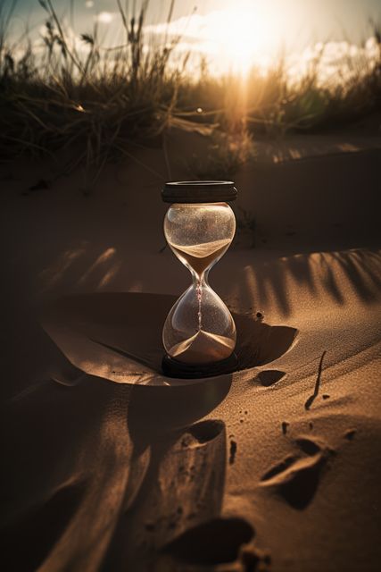 Close up of hourglass on sand in desert with sunlight, created using generative ai technology - Download Free Stock Photos Pikwizard.com