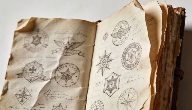 Antique sketchbook showing aged emblem, crest and compass badge sketches on yellowed pages