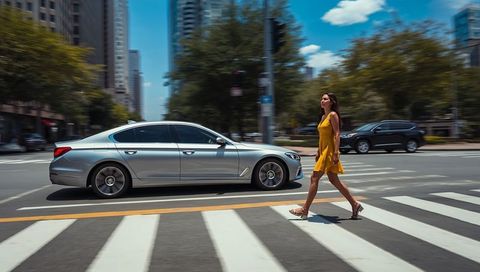 Woman Crossing Urban Crosswalk Walking Confidently in Yellow Dress and Sandals