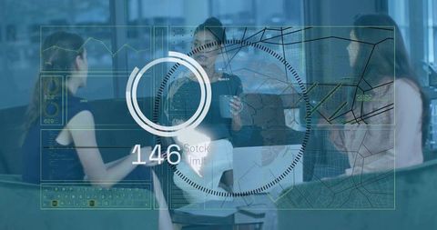 Three Colleagues Collaborating in Office Lounge with Futuristic HUD Analytics Overlay