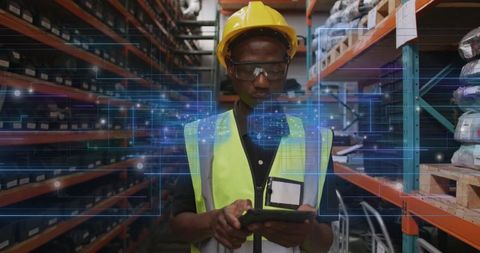 Warehouse worker using smart technology in logistics operation