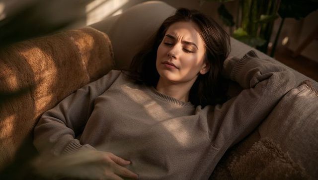 Young woman resting on plush sofa in warm sunlight wearing cozy knit sweater, soft light