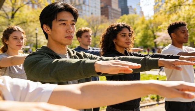 Multicultural group practicing balance exercises and stretching in sunny city park