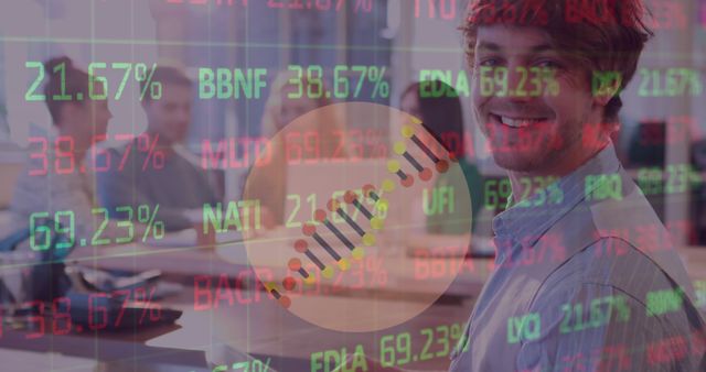 Image of changing numbers on stock exchange screen over caucasian businessman with colleagues. global business, digital interface and technology concept digitally generated image.