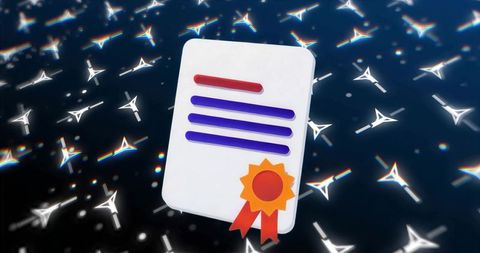 3d certificate with orange ribbon floating over futuristic field of white triangles