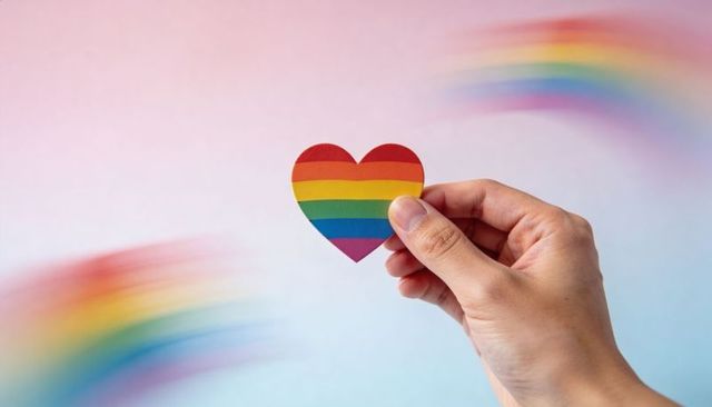 Hand holding rainbow heart symbolizing pride, love and equality on pastel background, closeup