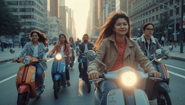 Leading asian woman riding vintage scooter through urban avenue at sunset with group
