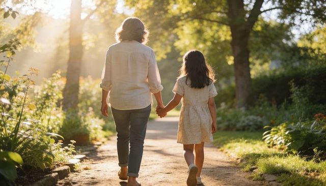 Mother and daughter walking hand in hand along sunlit garden path at golden hour