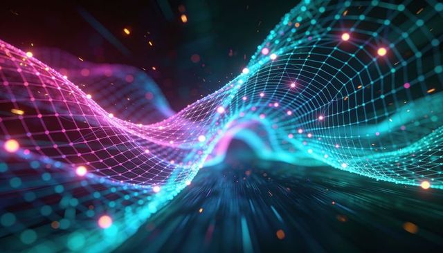 Rippling neon data wave flowing through digital mesh grid with glowing nodes and particles