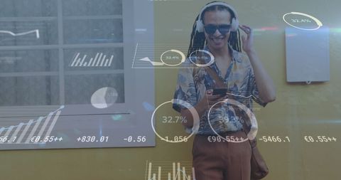 Smiling Man with Headphones Using Phone Amidst Stock Data - Download Free Stock Images Pikwizard.com
