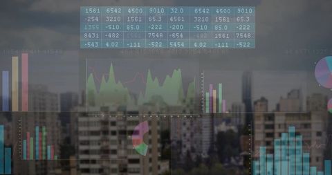 Displaying city skyline with analytics overlays showing charts, data matrix and dashboards
