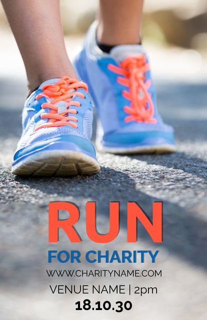 Closeup image of blue running shoes with orange laces promoting a charity marathon. Ideal for campaigns encouraging community involvement, fitness for charity, or athletic fundraisers. Suitable for flyers, social media posts, and advertisements highlighting philanthropic events.