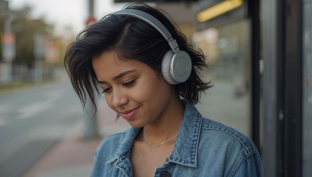 Young woman listening to music wearing over-ear headphones on city sidewalk