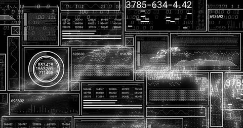Futuristic Monochrome Data Dashboard with Overlapping UI Panels and Binary Telemetry