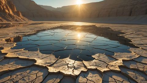 Sunlit desert mudflat with shallow water pool in drought-affected canyon basin