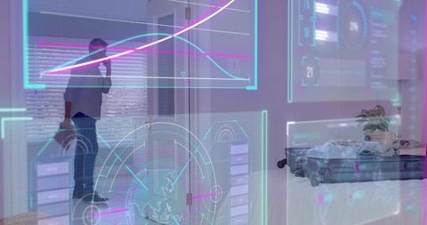 Businessman talking on phone while entering smart home with holographic data interface
