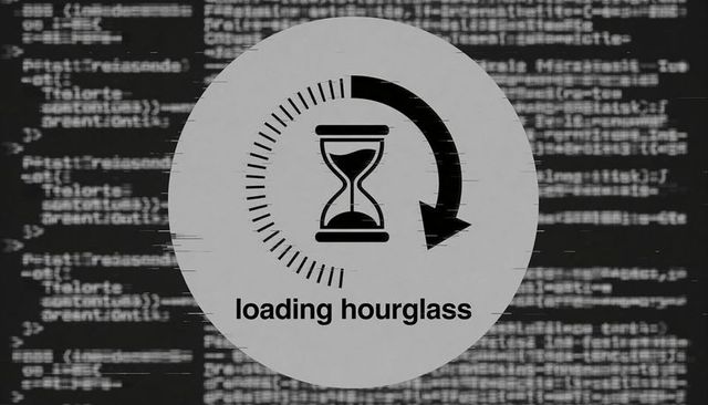 Glitch loading hourglass interface with radial progress ring, arrow and code background