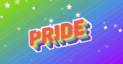 Rainbow Colored Pride Text with Stars on Colorful Background
