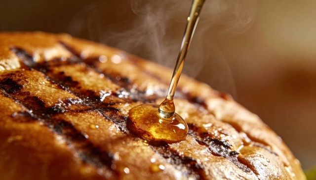 Pouring amber syrup drizzling over grilled golden pancake closeup droplet and steam glaze