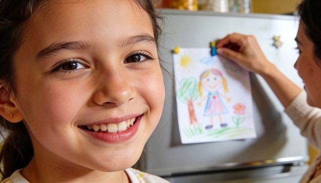 Smiling young girl displaying colorful crayon drawing on fridge as parent secures artwork