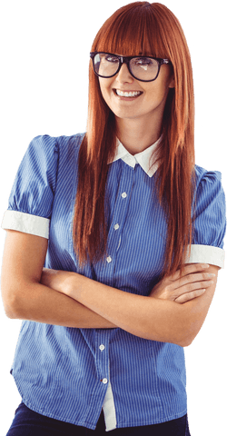 Smiling Redhead Woman with Glasses in Blue Striped Shirt