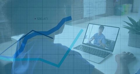 Remote work team meeting analysis with data overlay