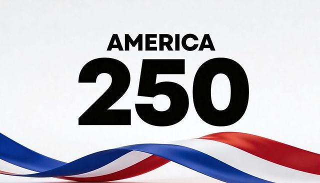 America 250 bold numeral with flowing red white blue ribbons for patriotic celebration