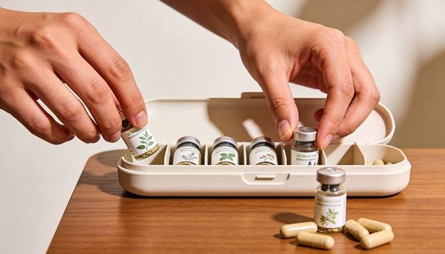 Hands arranging herbal supplement vials inside pill organizer with capsules