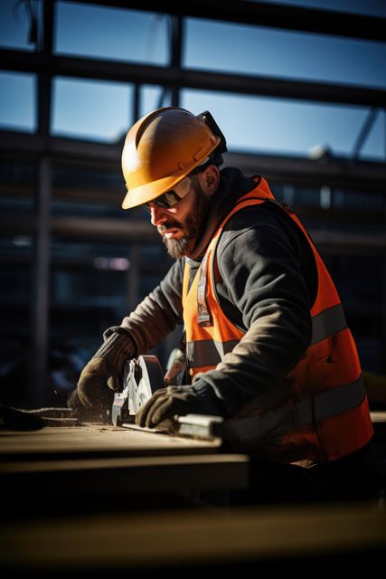 Construction worker wearing safety gear using a power saw to cut wood at a construction site. This image can be used for articles about construction safety, promotional materials for construction companies, or to depict industrial work environments.