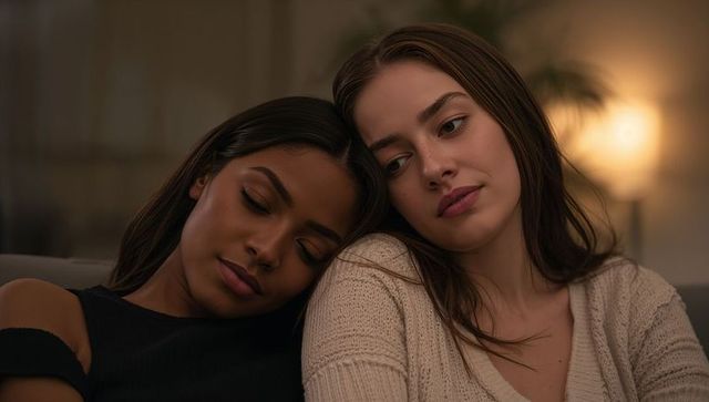 Two Women Resting Together on Couch in Warm Evening Light, Cozy Knit Sweater