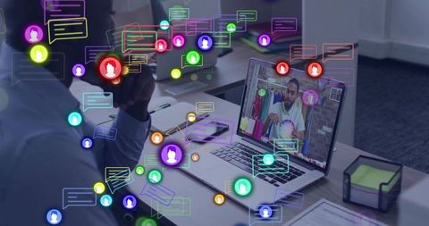 Virtual meeting in office environment with chat icons overlay